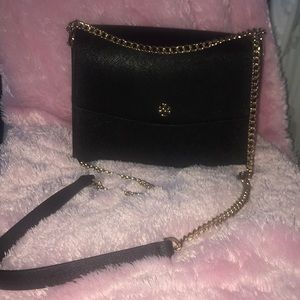 Black Tory Burch leather purse with gold chain
